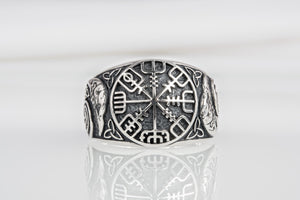 Handcrafted sterling silver Vegvisir Viking ring with ravens and celtic knots, unique norse jewelry - vikingworkshop