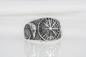 Handcrafted sterling silver Vegvisir Viking ring with ravens and celtic knots, unique norse jewelry - vikingworkshop