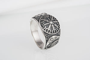 Handcrafted sterling silver Vegvisir Viking ring with ravens and celtic knots, unique norse jewelry - vikingworkshop