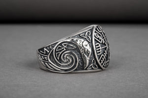 Handcrafted sterling silver Vegvisir Viking ring with ravens and celtic knots, unique norse jewelry - vikingworkshop