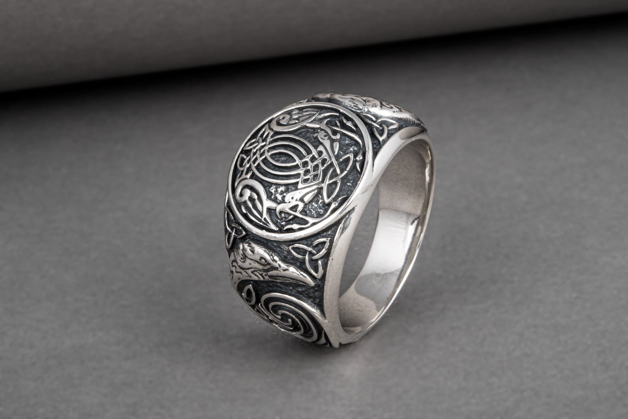 Handcrafted sterling silver Ravens interweaving Viking ring with unique norse ornament, ancient style jewelry - vikingworkshop