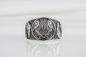 Handcrafted sterling silver Ravens interweaving Viking ring with unique norse ornament, ancient style jewelry - vikingworkshop