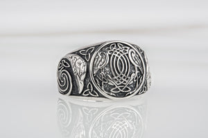 Handcrafted sterling silver Ravens interweaving Viking ring with unique norse ornament, ancient style jewelry - vikingworkshop