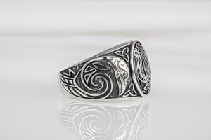 Handcrafted sterling silver Ravens interweaving Viking ring with unique norse ornament, ancient style jewelry - vikingworkshop