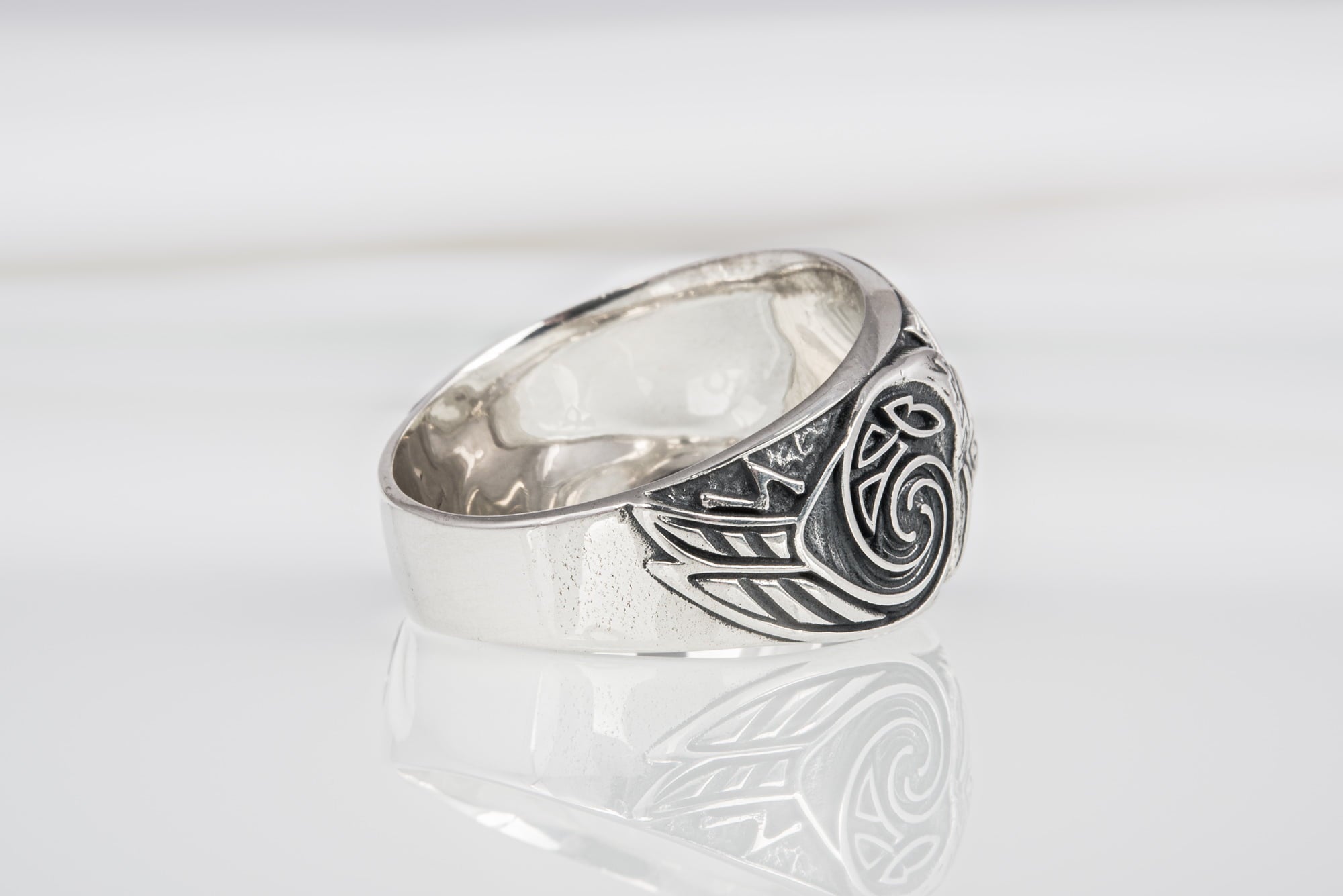 Handcrafted sterling silver Ravens interweaving Viking ring with unique norse ornament, ancient style jewelry - vikingworkshop