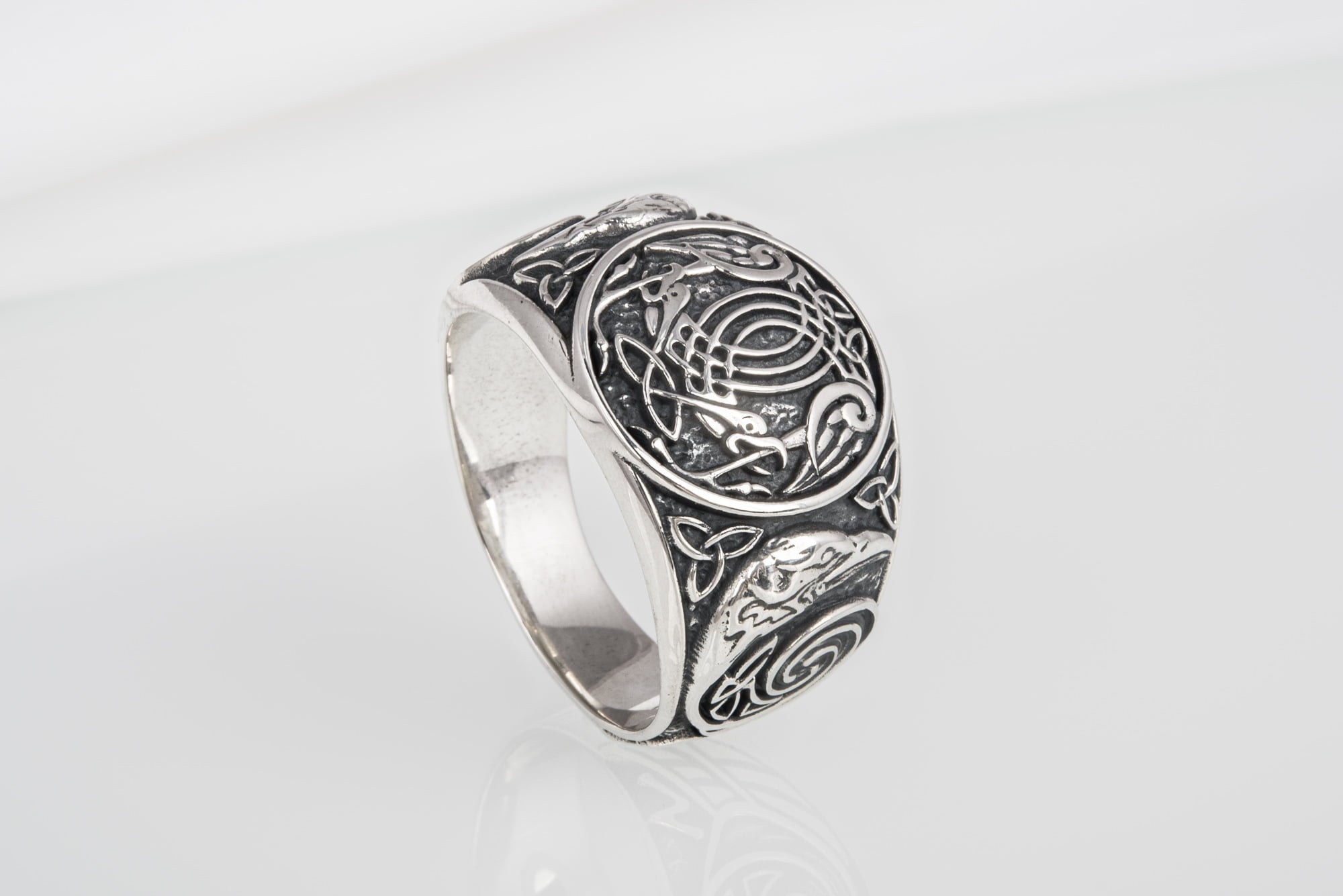 Handcrafted sterling silver Ravens interweaving Viking ring with unique norse ornament, ancient style jewelry - vikingworkshop