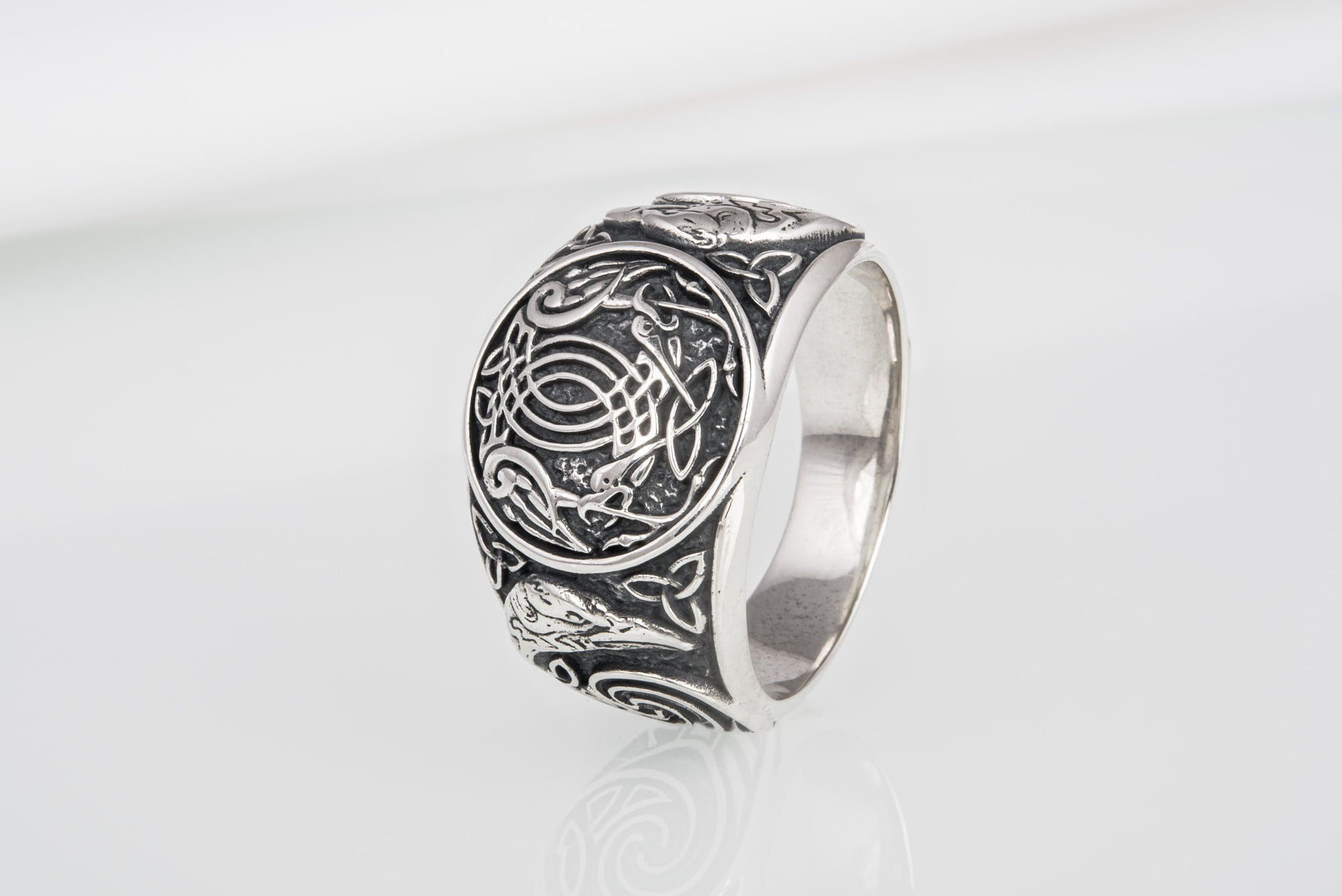 Handcrafted sterling silver Ravens interweaving Viking ring with unique norse ornament, ancient style jewelry - vikingworkshop