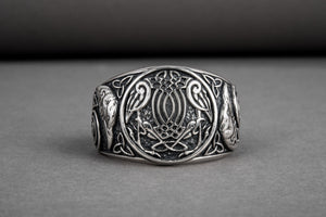 Handcrafted sterling silver Ravens interweaving Viking ring with unique norse ornament, ancient style jewelry - vikingworkshop