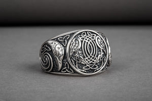 Handcrafted sterling silver Ravens interweaving Viking ring with unique norse ornament, ancient style jewelry - vikingworkshop