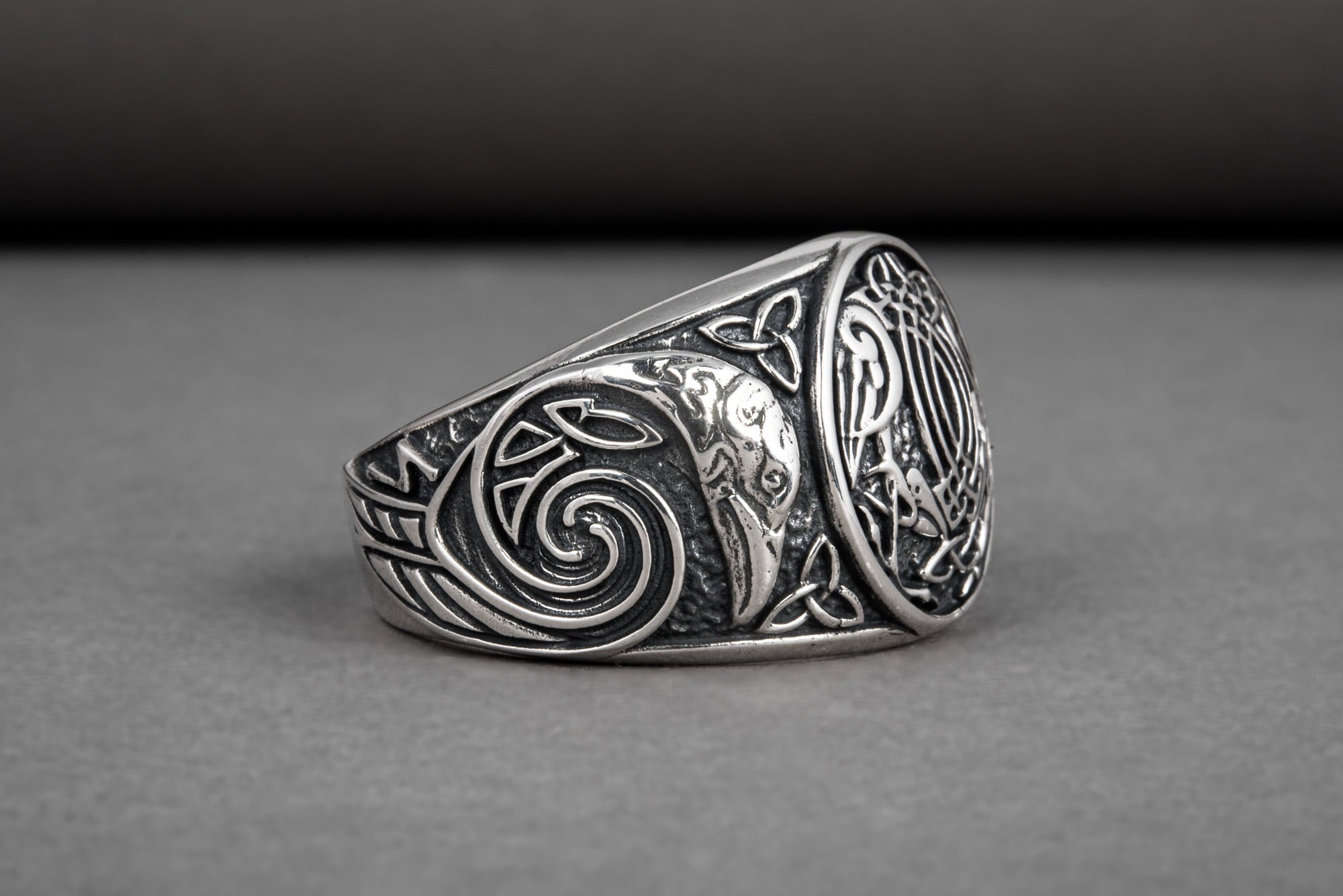 Handcrafted sterling silver Ravens interweaving Viking ring with unique norse ornament, ancient style jewelry - vikingworkshop