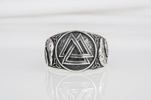 Unique Norse sterling silver ring with Valknut and Odin Ravens, handcrafted ornament jewelry - vikingworkshop