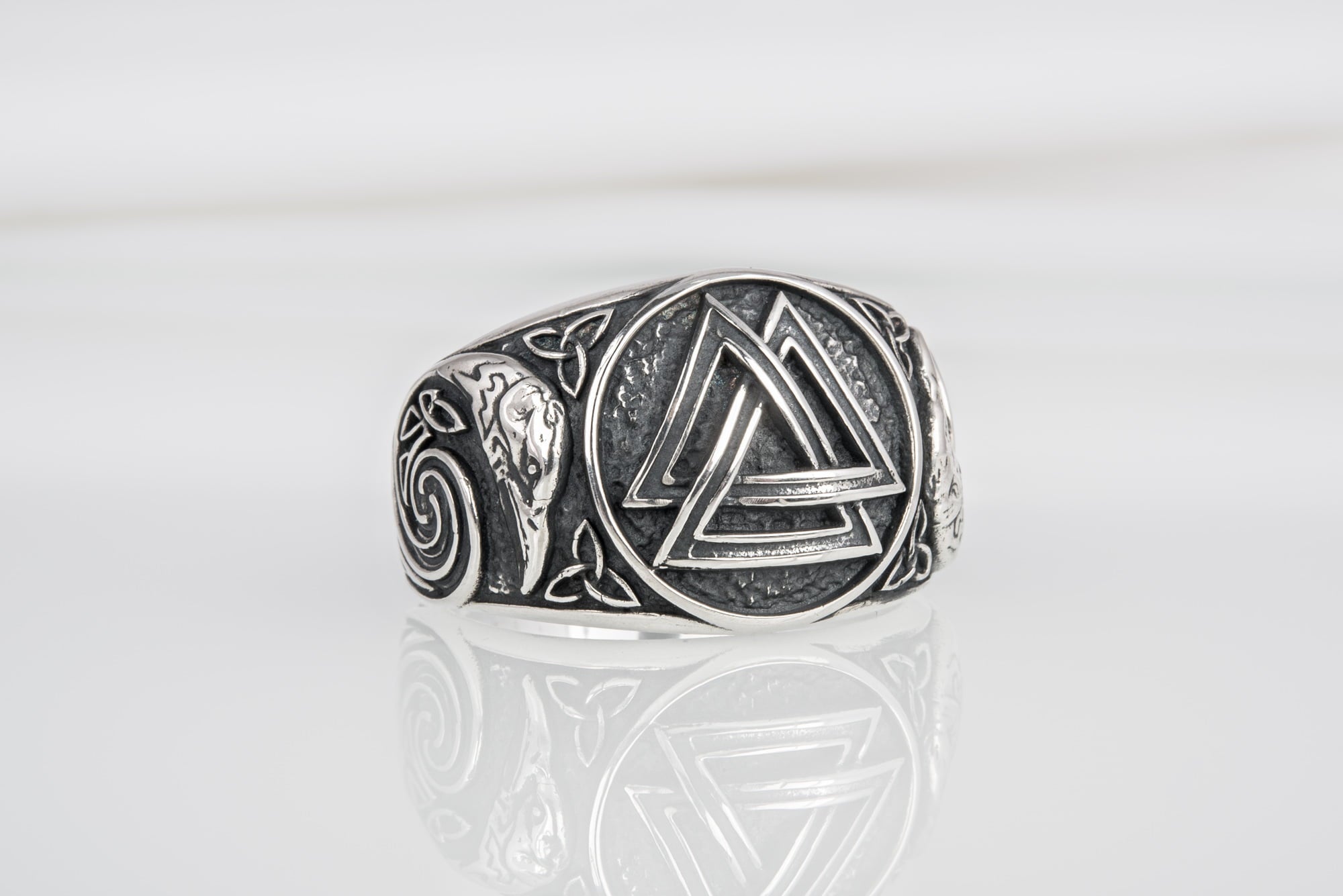 Unique Norse sterling silver ring with Valknut and Odin Ravens, handcrafted ornament jewelry - vikingworkshop