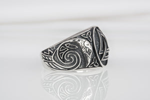 Unique Norse sterling silver ring with Valknut and Odin Ravens, handcrafted ornament jewelry - vikingworkshop