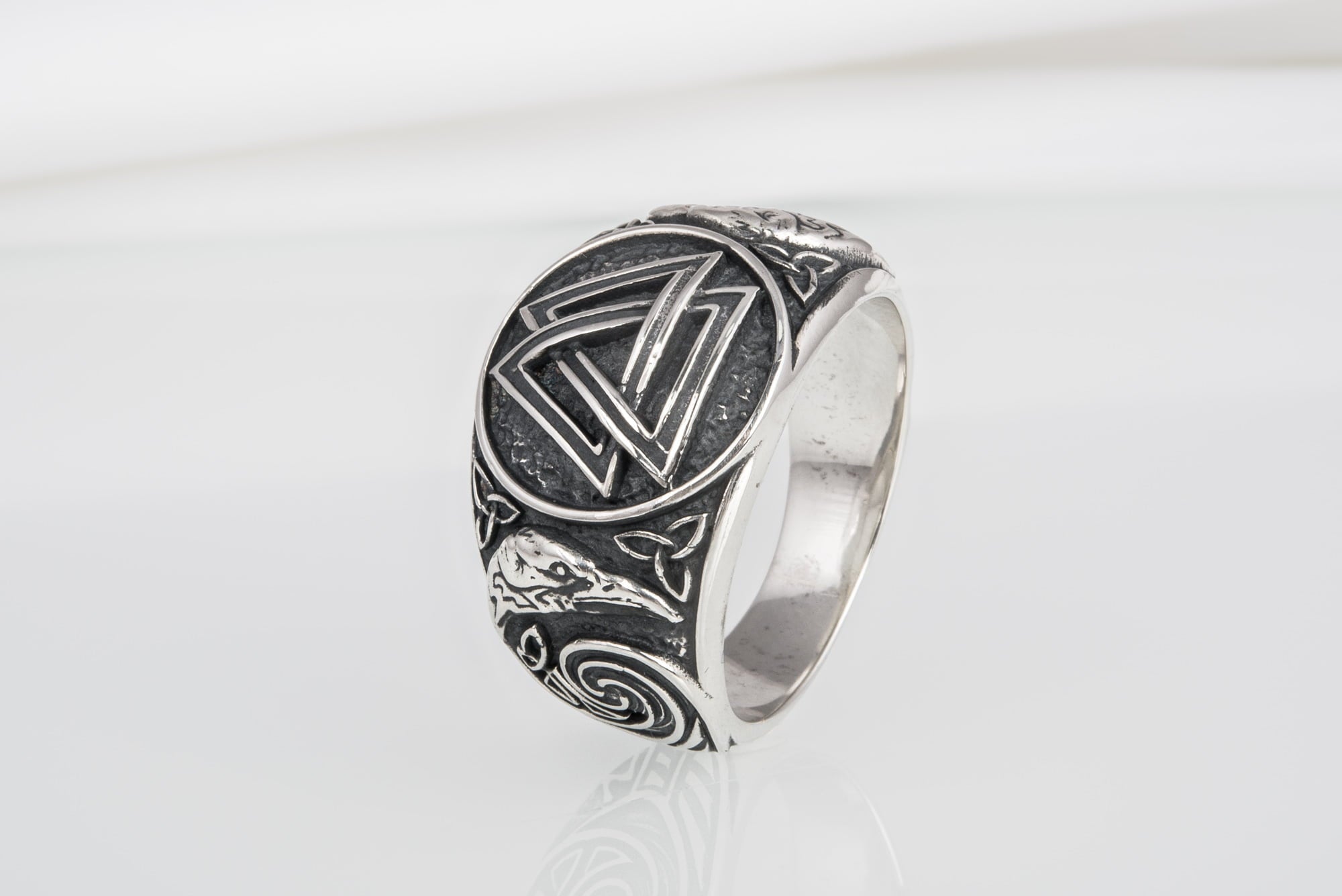 Unique Norse sterling silver ring with Valknut and Odin Ravens, handcrafted ornament jewelry - vikingworkshop
