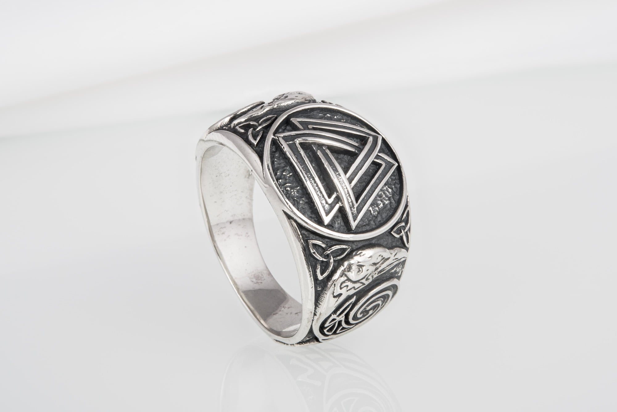 Unique Norse sterling silver ring with Valknut and Odin Ravens, handcrafted ornament jewelry - vikingworkshop