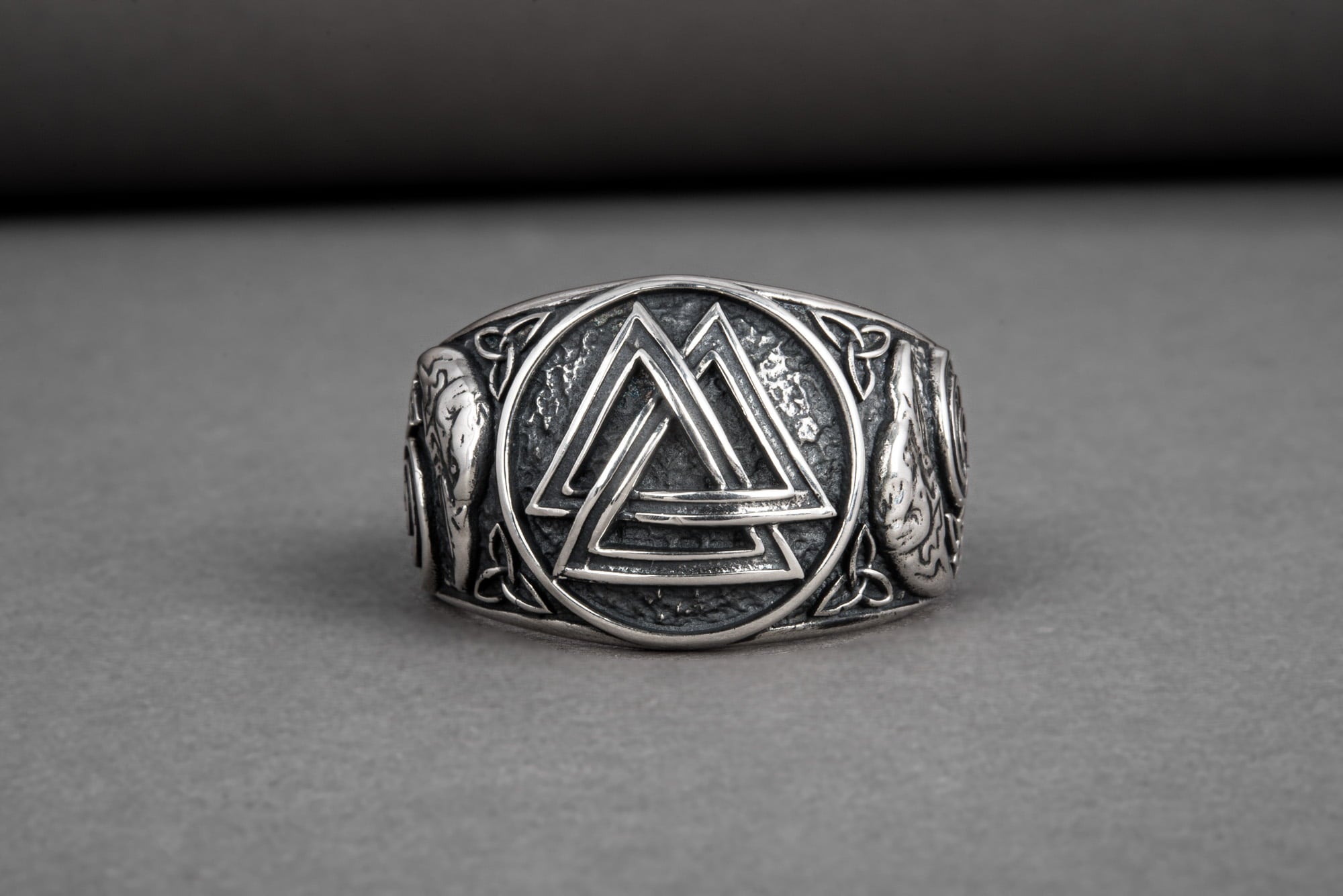 Unique Norse sterling silver ring with Valknut and Odin Ravens, handcrafted ornament jewelry - vikingworkshop