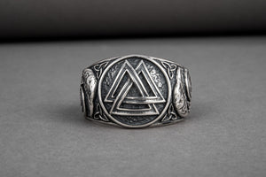 Unique Norse sterling silver ring with Valknut and Odin Ravens, handcrafted ornament jewelry - vikingworkshop