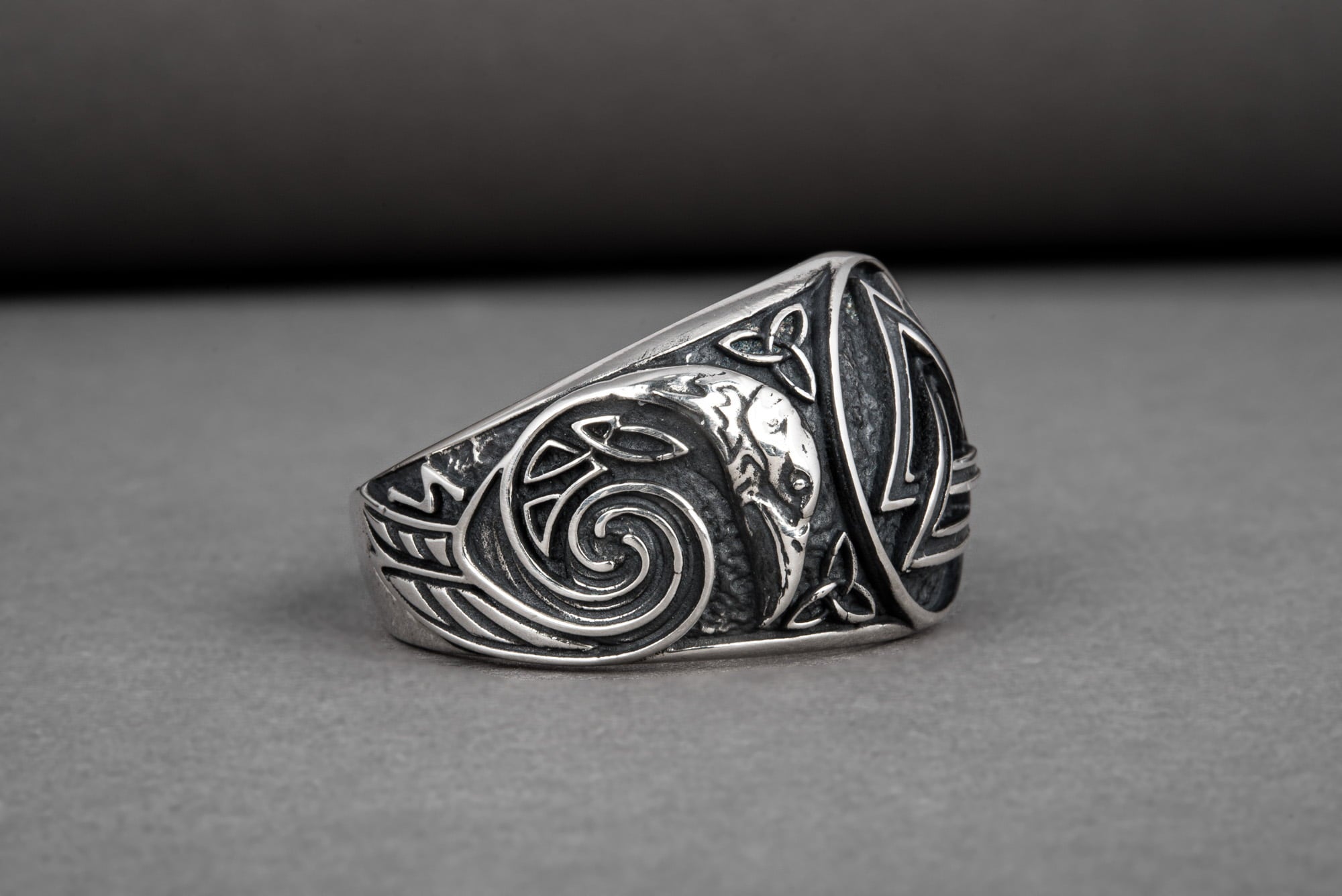 Unique Norse sterling silver ring with Valknut and Odin Ravens, handcrafted ornament jewelry - vikingworkshop