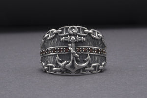 Anchor And Chain 925 Silver Ring With Wood Texture And Gems, Handcrafted Jewelry - vikingworkshop