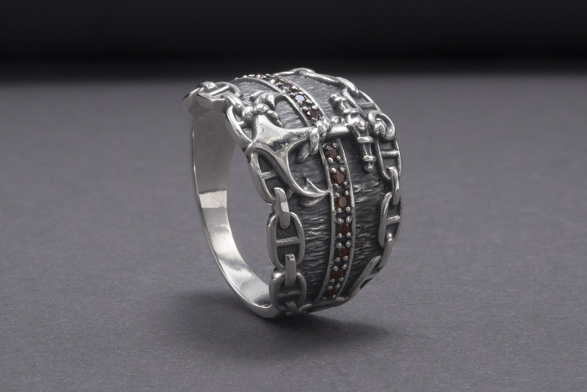 Anchor And Chain 925 Silver Ring With Wood Texture And Gems, Handcrafted Jewelry