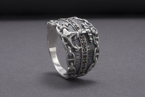 Anchor And Chain 925 Silver Ring With Wood Texture And Gems, Handcrafted Jewelry - vikingworkshop