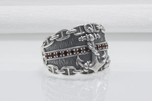 Anchor And Chain 925 Silver Ring With Wood Texture And Gems, Handcrafted Jewelry - vikingworkshop