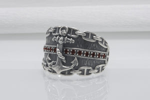 Anchor And Chain 925 Silver Ring With Wood Texture And Gems, Handcrafted Jewelry - vikingworkshop