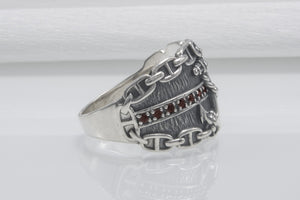 Anchor And Chain 925 Silver Ring With Wood Texture And Gems, Handcrafted Jewelry - vikingworkshop