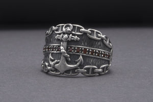 Anchor And Chain 925 Silver Ring With Wood Texture And Gems, Handcrafted Jewelry - vikingworkshop