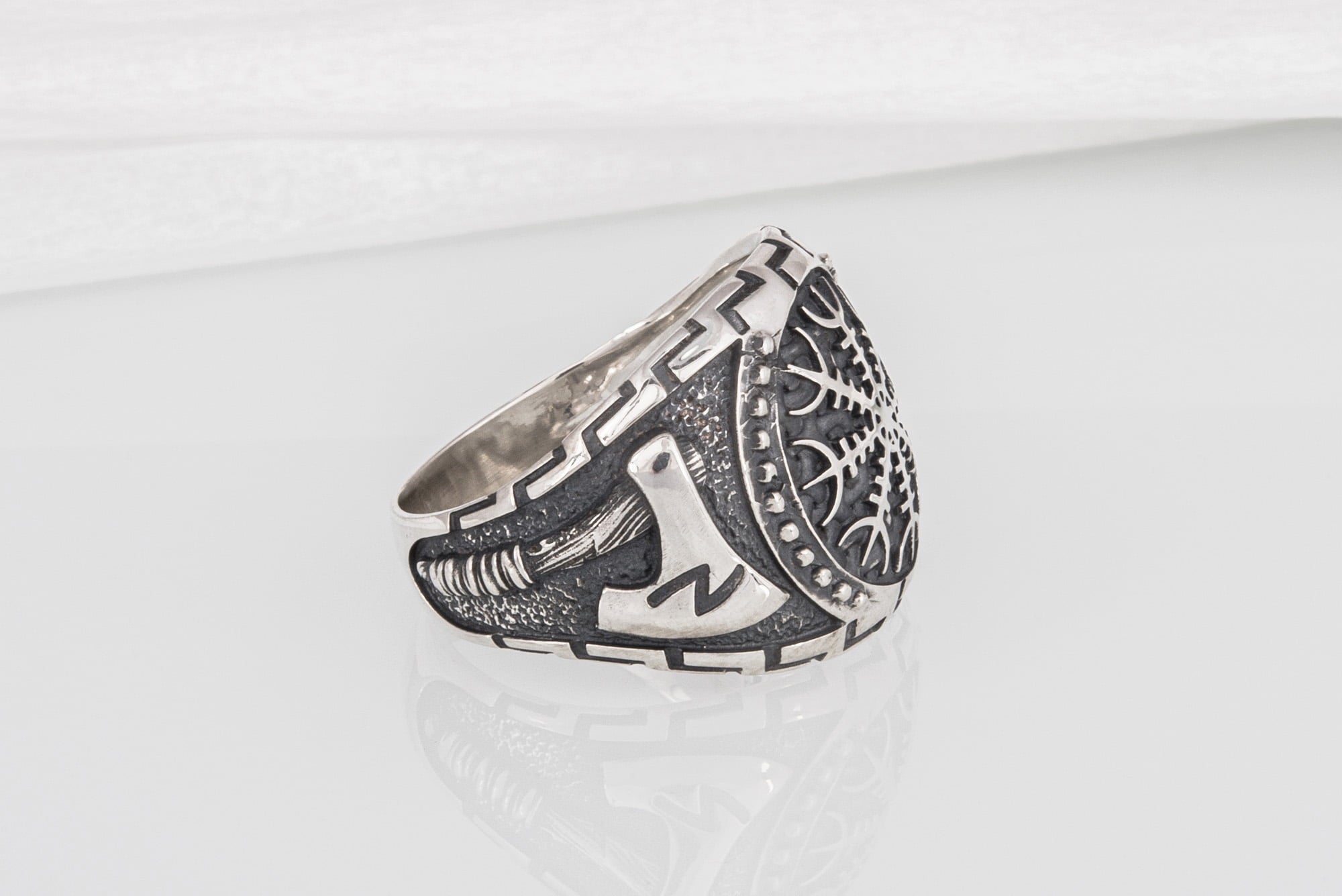 Brutal Sterling Silver Viking ring with Helm of Awe and Axes, handcrafted ancient Norse jewelry - vikingworkshop