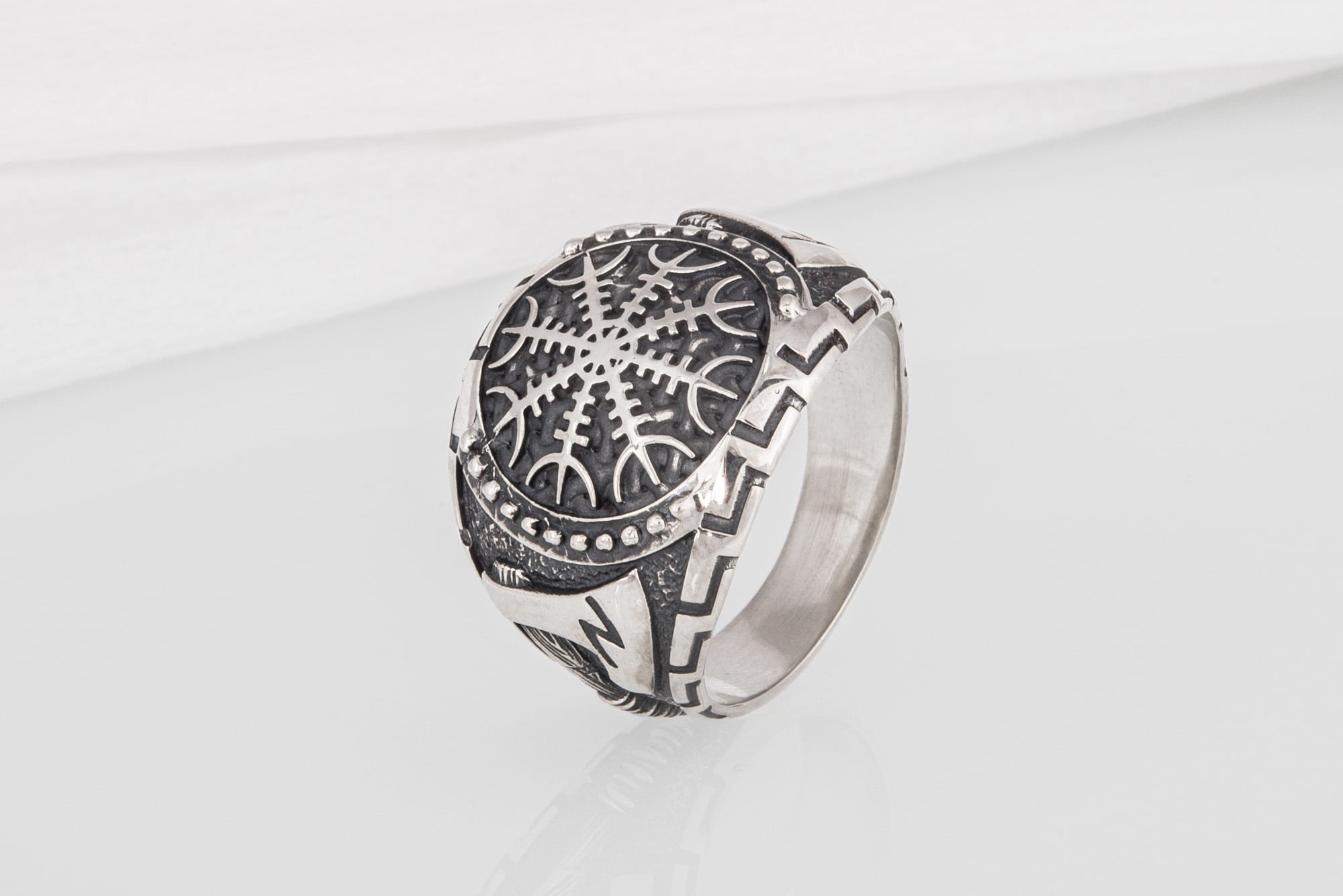 Brutal Sterling Silver Viking ring with Helm of Awe and Axes, handcrafted ancient Norse jewelry - vikingworkshop