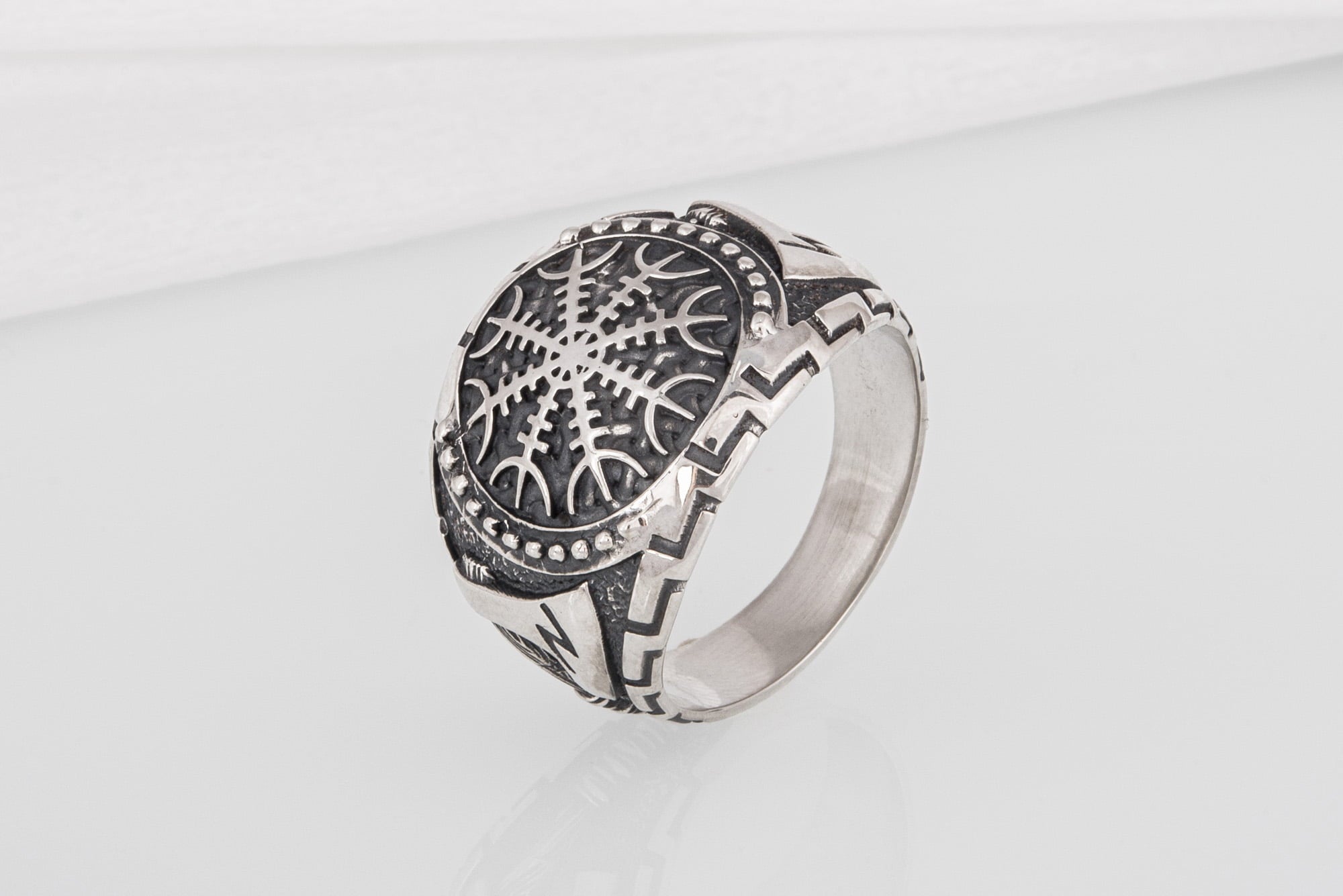 Brutal Sterling Silver Viking ring with Helm of Awe and Axes, handcrafted ancient Norse jewelry - vikingworkshop