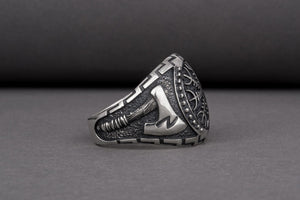 Brutal Sterling Silver Viking ring with Helm of Awe and Axes, handcrafted ancient Norse jewelry - vikingworkshop