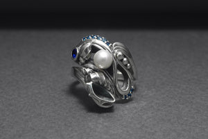 925 Silver Seashell Ring with Pearl and Blue Gems, Handcrafted Marine Jewelry - vikingworkshop