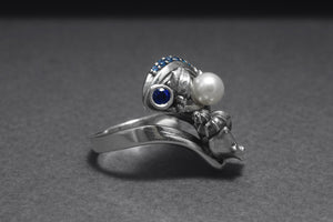 925 Silver Seashell Ring with Pearl and Blue Gems, Handcrafted Marine Jewelry - vikingworkshop