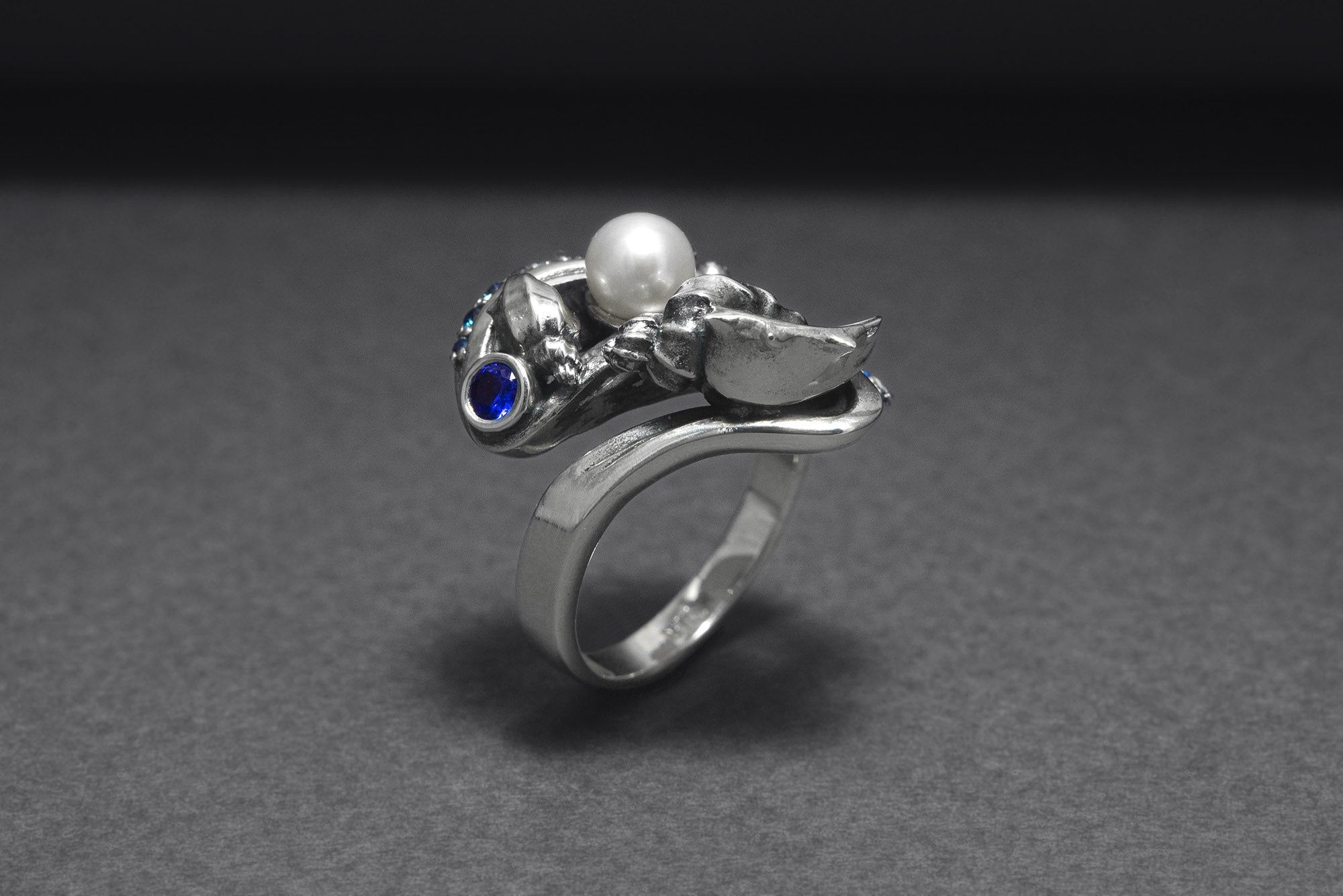 925 Silver Seashell Ring with Pearl and Blue Gems, Handcrafted Marine Jewelry - vikingworkshop