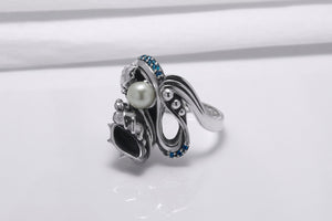 925 Silver Seashell Ring with Pearl and Blue Gems, Handcrafted Marine Jewelry - vikingworkshop