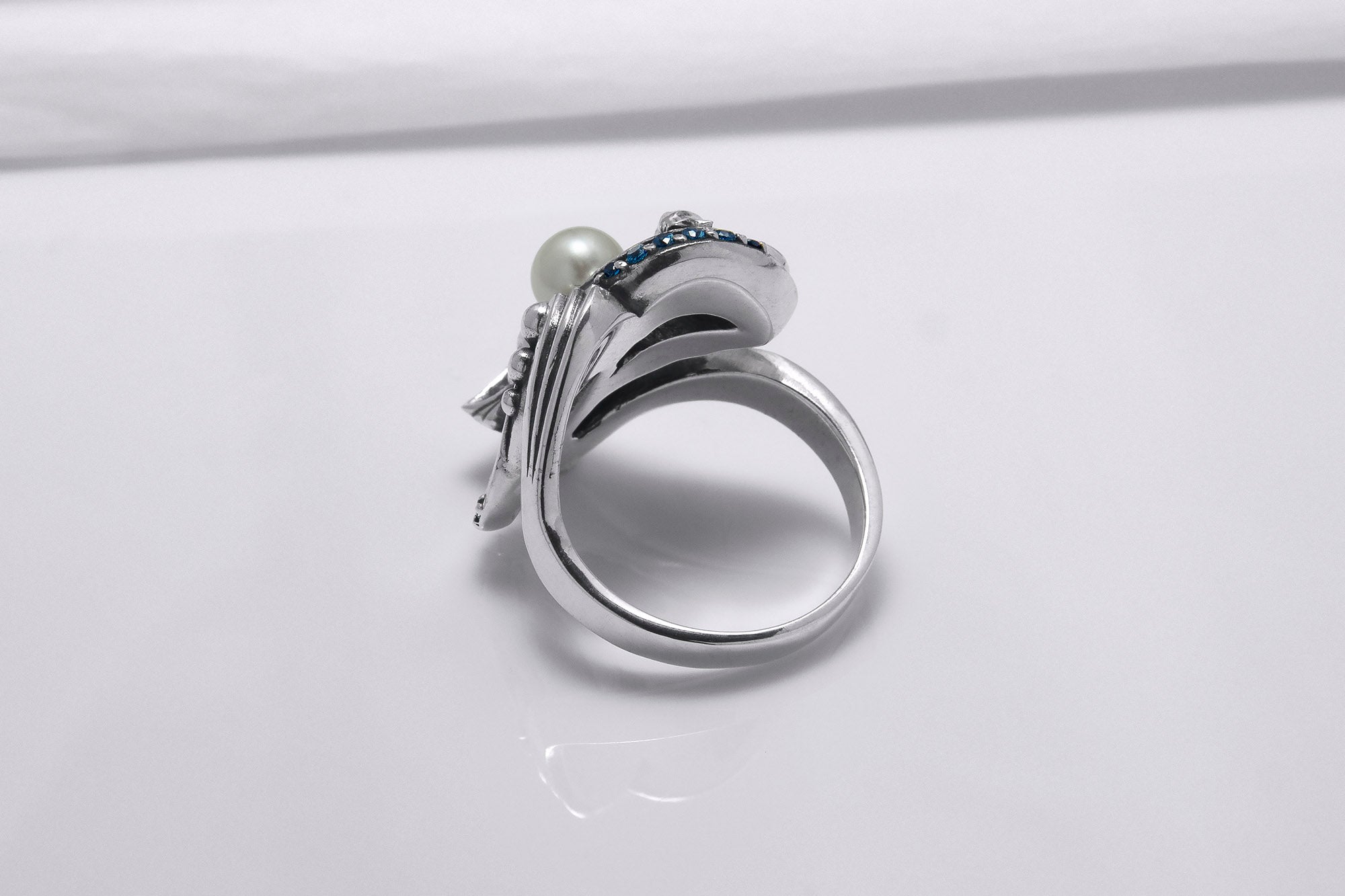 925 Silver Seashell Ring with Pearl and Blue Gems, Handcrafted Marine Jewelry - vikingworkshop