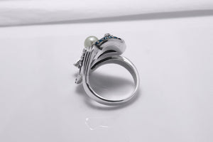 925 Silver Seashell Ring with Pearl and Blue Gems, Handcrafted Marine Jewelry - vikingworkshop