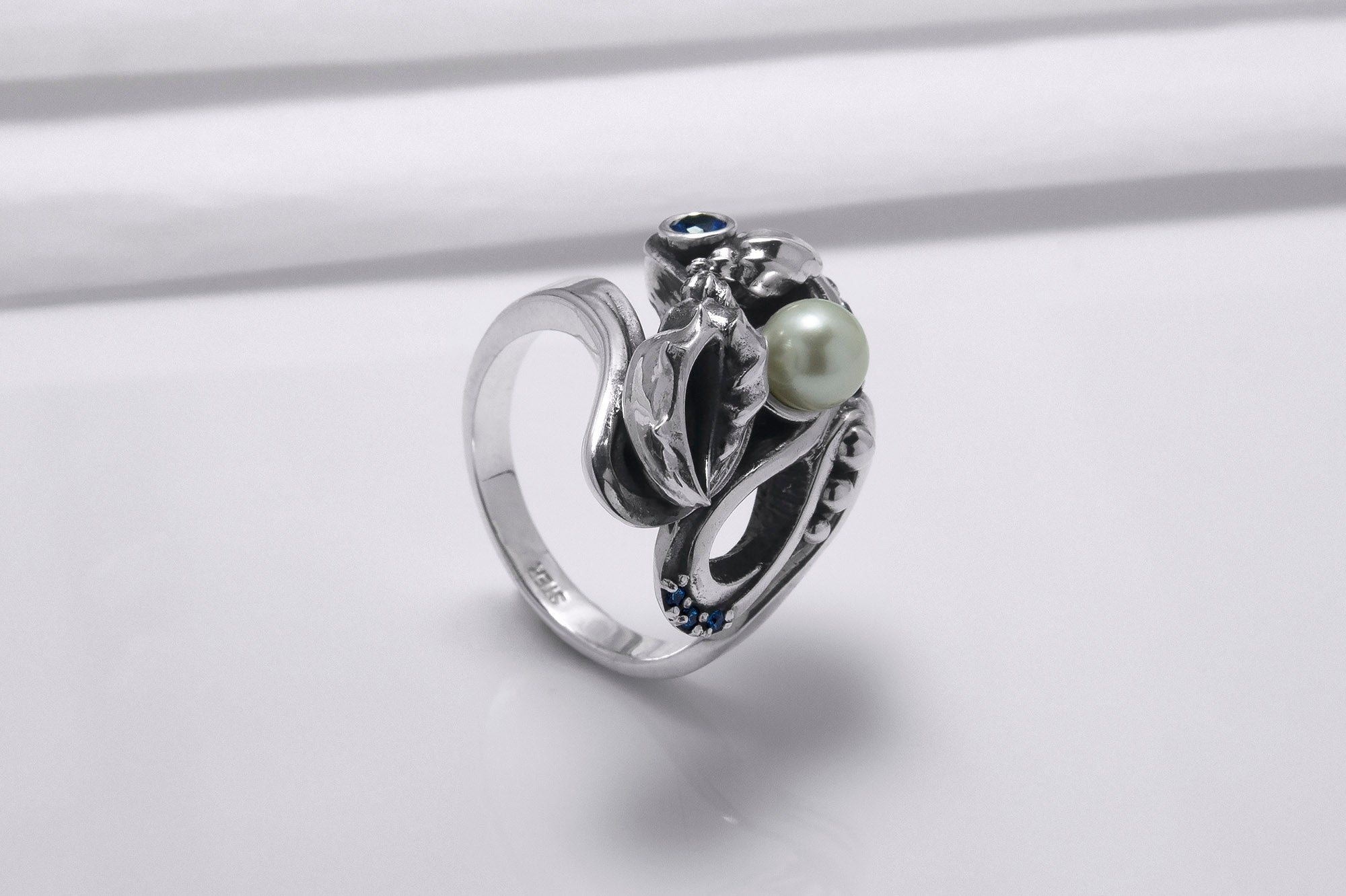 925 Silver Seashell Ring with Pearl and Blue Gems, Handcrafted Marine Jewelry - vikingworkshop