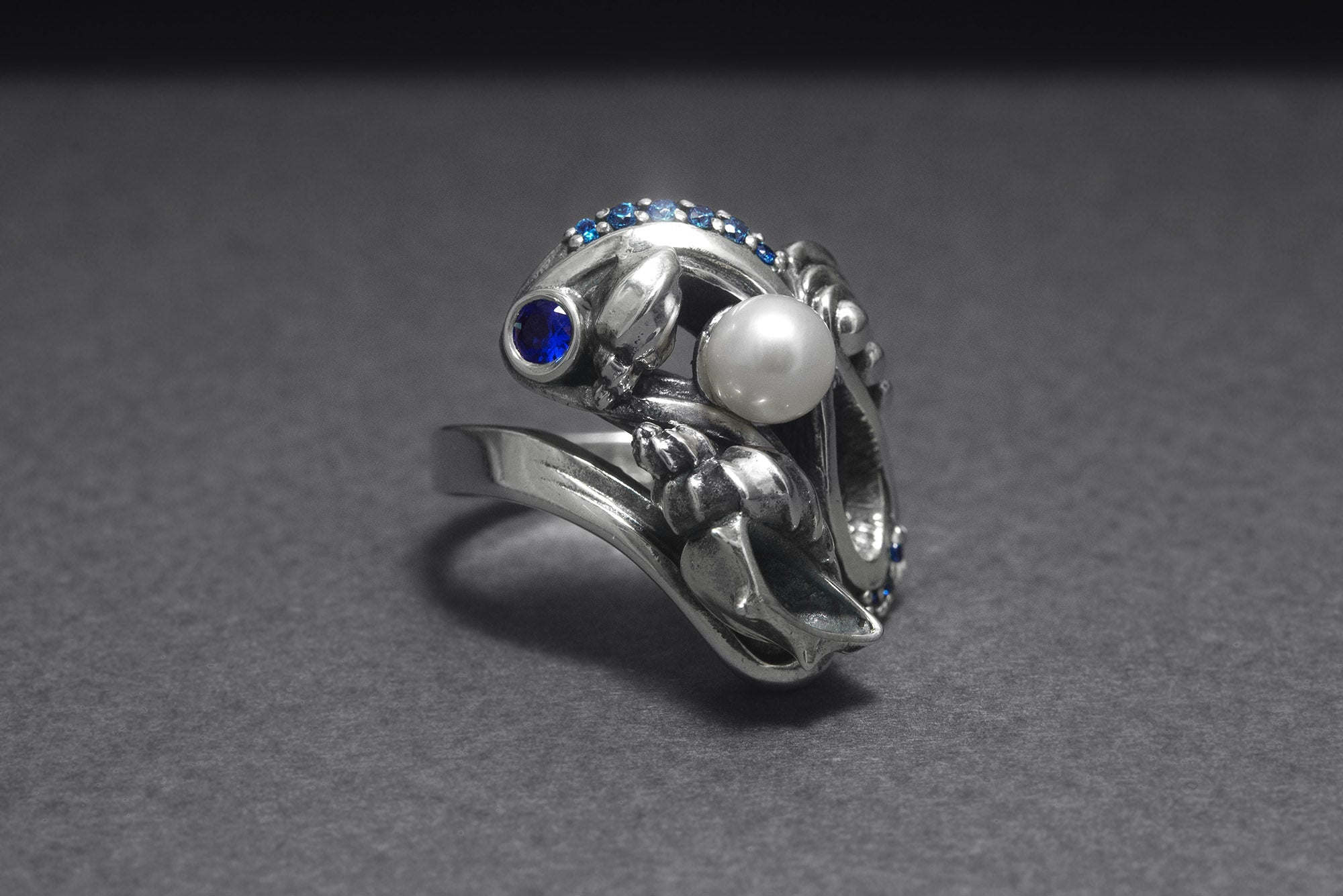 925 Silver Seashell Ring with Pearl and Blue Gems, Handcrafted Marine Jewelry - vikingworkshop