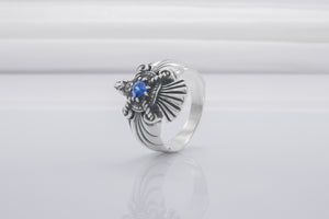 925 Silver Handmade Ring With Raven And Blue Gem, Handcrafted Jewelry - vikingworkshop