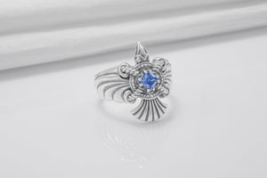 925 Silver Handmade Ring With Raven And Blue Gem, Handcrafted Jewelry - vikingworkshop