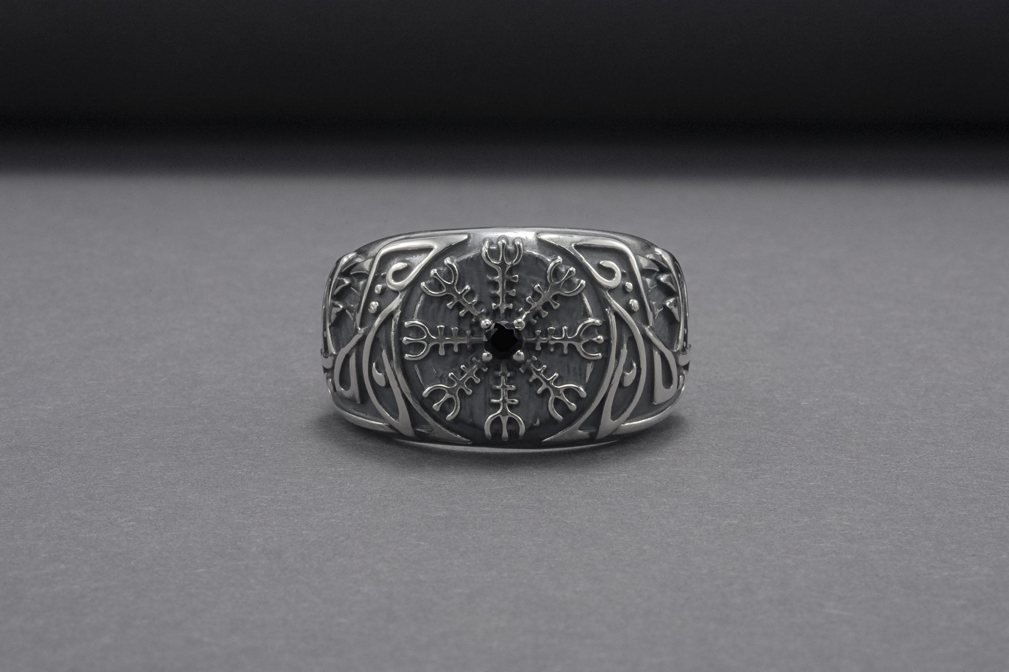Unique 925 Silver Ring With Vegvisir And Gem, Handmade Jewelry - vikingworkshop