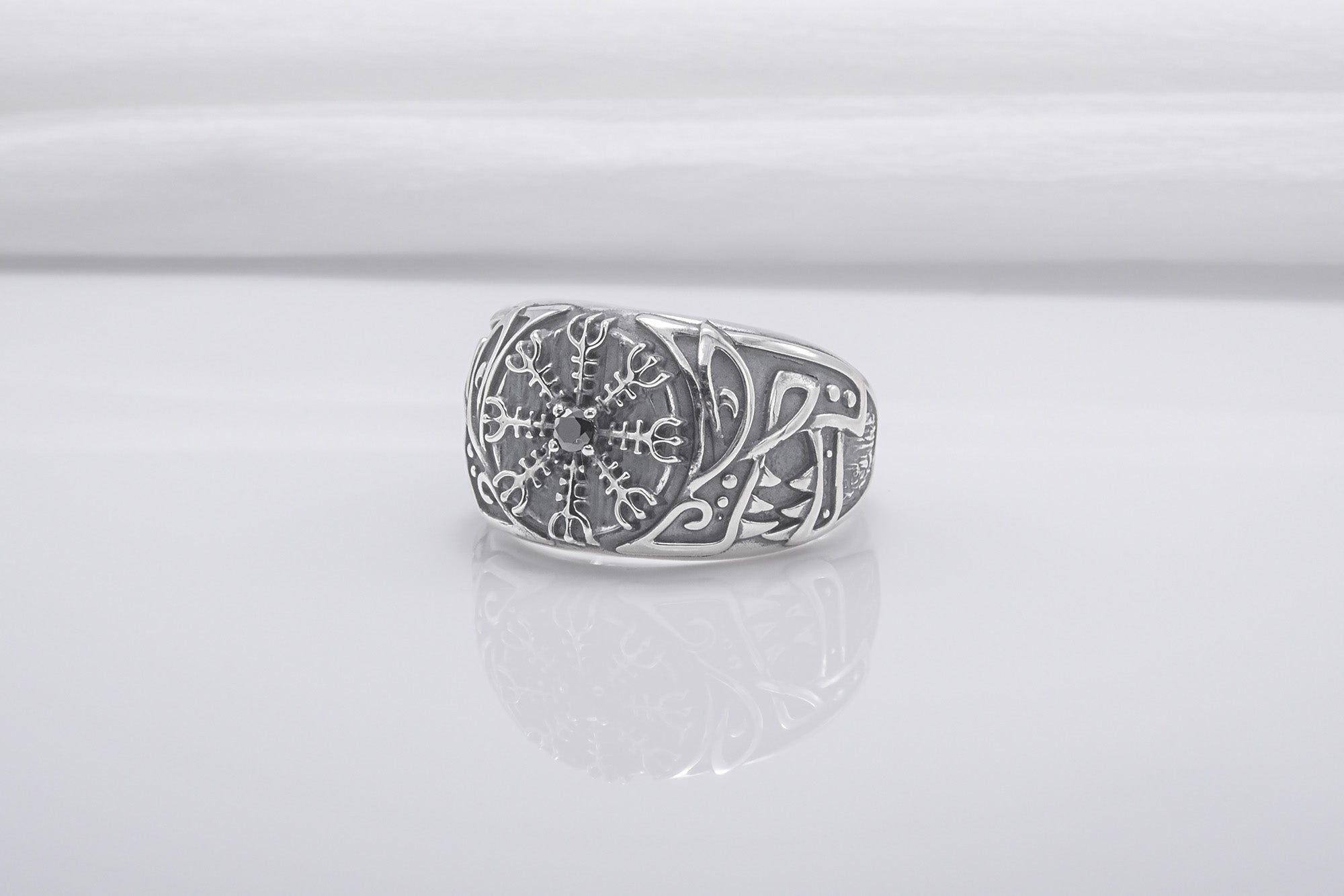 Unique 925 Silver Ring With Vegvisir And Gem, Handmade Jewelry - vikingworkshop