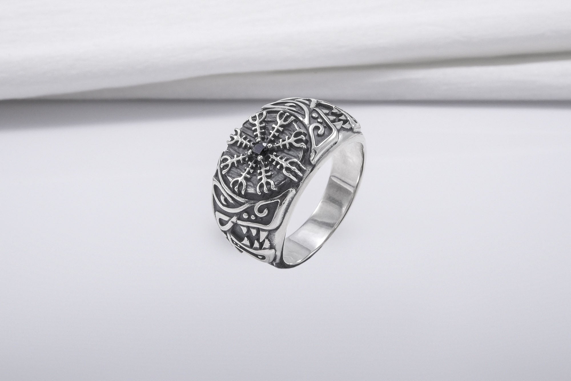 Unique 925 Silver Ring With Vegvisir And Gem, Handmade Jewelry - vikingworkshop