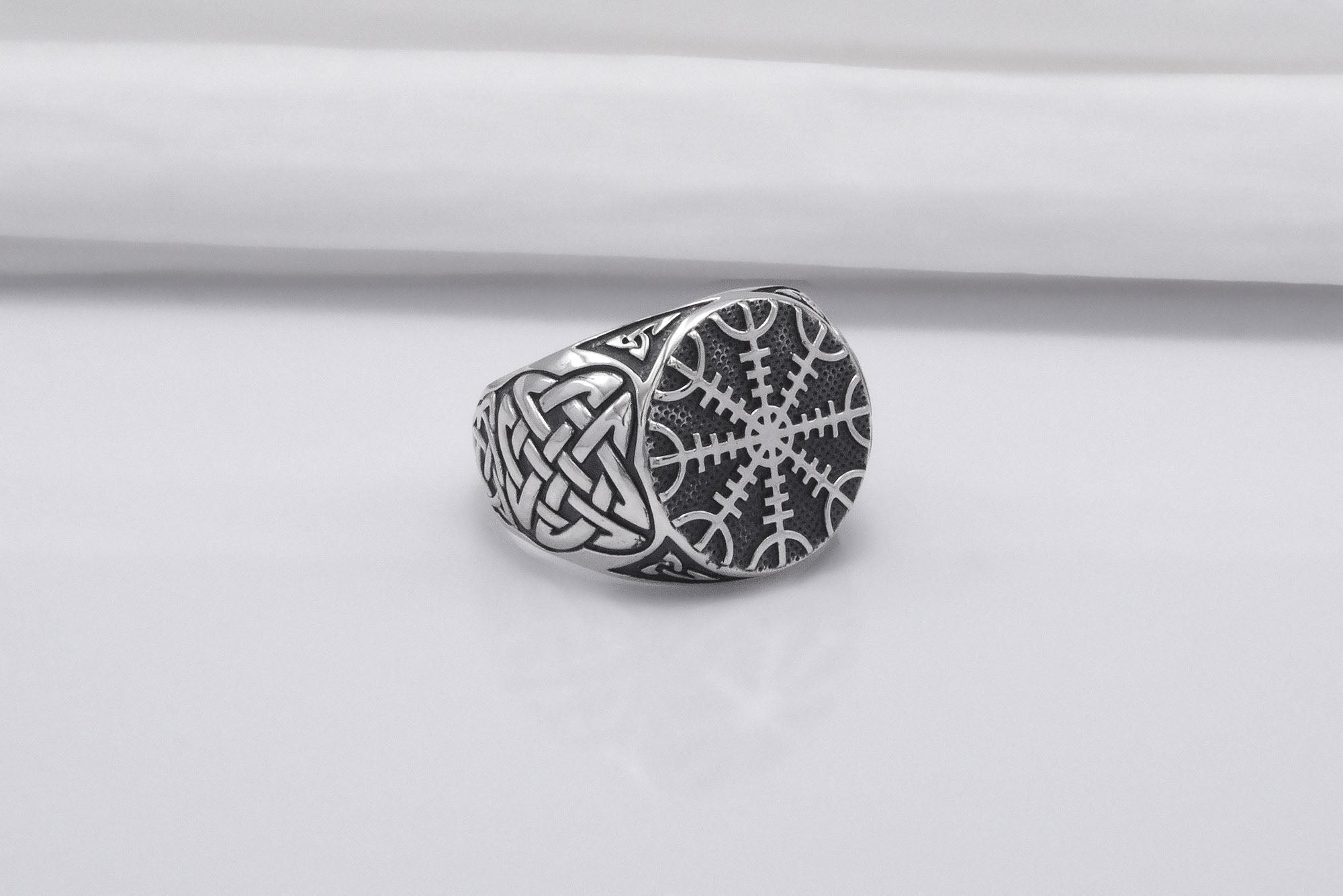 Sterling Silver Helm of Awe Ring with Celtic Knots Ornament, Handmade Viking Jewelry - vikingworkshop