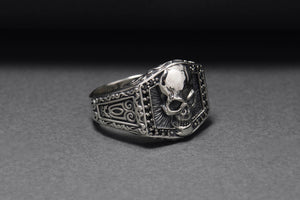 925 Silver Skull Signet Ring with Ornament, Handcrafted Biker Jewelry - vikingworkshop