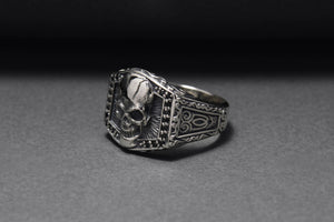 925 Silver Skull Signet Ring with Ornament, Handcrafted Biker Jewelry - vikingworkshop