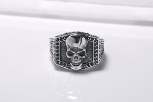 925 Silver Skull Signet Ring with Ornament, Handcrafted Biker Jewelry - vikingworkshop